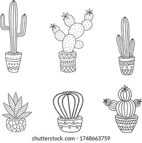 Hand drawn monochrome cactus set. Vector illustration.
