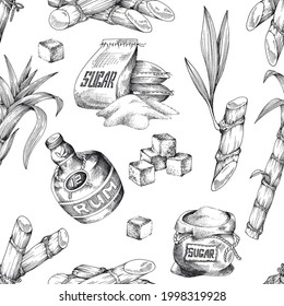 Hand drawn monochrome cane sugar and rum seamless repeatable pattern, engraving vector illustration on white background. Cane sugar and rum repeated decorative design.