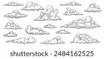 Hand drawn monochrome cartoon clouds. Engraving cloud sketch collection isolated vector illustration