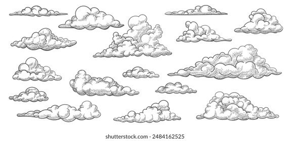 Hand drawn monochrome cartoon clouds. Engraving cloud sketch collection isolated vector illustration