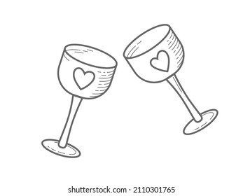 Hand drawn monochrome cartoon drink glasses with hearts decoration isolated on a white background. Black outline vector glass clipart for graphic design.