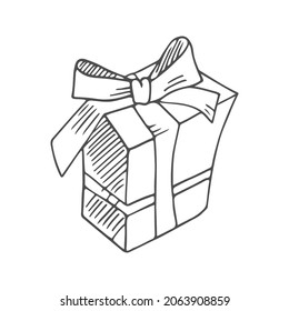 Hand drawn monochrome cartoon skatched wrapped gift box with ribbon isolated on a white background. Simple vector gift template for Christmas, birthday, Valentine's day and other holiday themes.