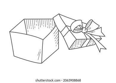 Hand drawn monochrome cartoon skatched wrapped gift box with ribbon isolated on a white background. Simple vector gift template for Christmas, birthday, Valentine's day and other holiday themes.