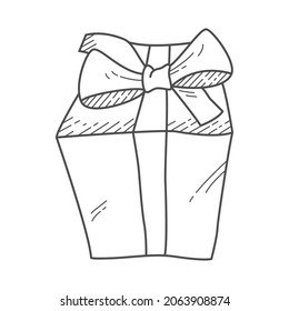 Hand drawn monochrome cartoon skatched wrapped gift box with ribbon isolated on a white background. Simple vector gift template for Christmas, birthday, Valentine's day and other holiday themes.