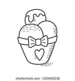 Hand drawn monochrome cartoon sweet cupcake vector illustration isolated on a white background. Black otline cake dessert template for graphic design.