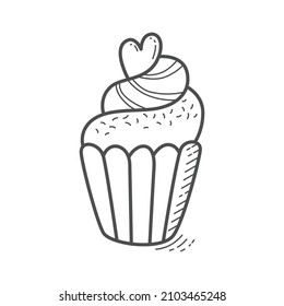 Hand drawn monochrome cartoon sweet cupcake vector illustration isolated on a white background. Black otline cake dessert template for graphic design.