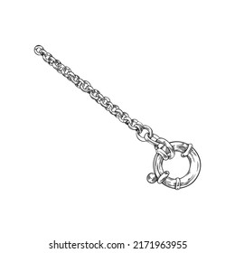 Hand drawn monochrome chain with ring for watch pocket sketch style, vector illustration isolated on white background. Engraved design element for decoration and print
