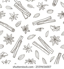 Hand drawn monochrome cinnamon, star anise and cardamom seamless pattern