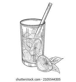 Mojito de coctel monocromo dibujado a mano con cal, menta y cubos de hielo. Ilustración vectorial. Aislado en blanco.