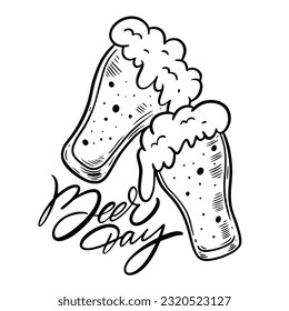 Hand drawn monochrome color beer day holiday sing. Beer glass and lettering phrase. Isolated on white background.