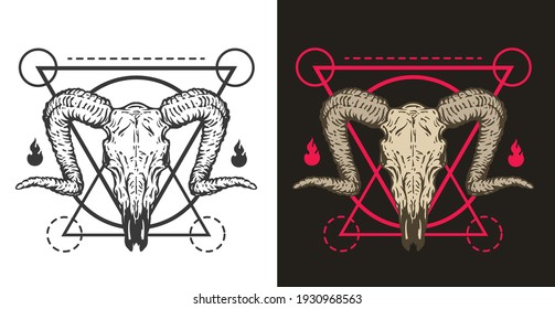 Hand drawn monochrome and color goat skull with sacred geometric elements isolated on simple background. Realistic design art composition for print, tattoo. Retro vintage vector illustration.