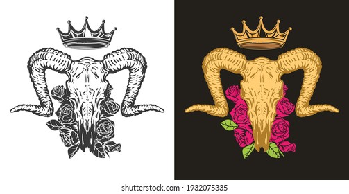 Hand drawn monochrome and color goat skull with golden crown and flowers isolated on simple background. Realistic design art composition for print, tattoo. Retro vintage vector illustration.