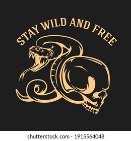 Hand drawn monochrome concept with human skull and poison snake in vintage style. Design composition for tattoo, print. Retro vector illustration isolated on black  background.