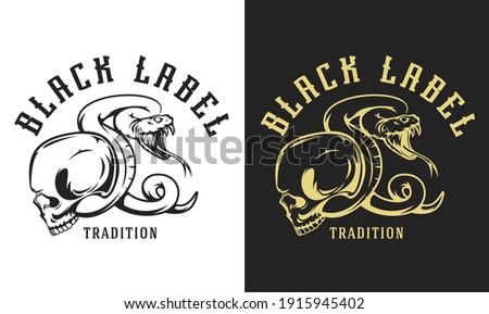 Hand drawn monochrome concept with human skull and poison snake in vintage style. Design composition for tattoo, print. Retro vector illustration isolated on white and black background.