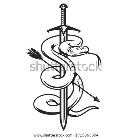 Hand drawn monochrome concept with medieval sword, wood arrow and poison snake in vintage style. Design composition for tattoo, print. Retro vector illustration isolated on white background.