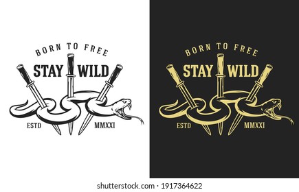Hand drawn monochrome concept with three knives and poison snake in vintage style. Design composition for tattoo, print. Retro vector illustration isolated on white and black  background.