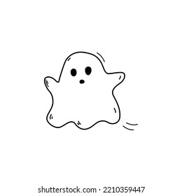 Hand drawn monochrome cute flying ghost doodle style, vector illustration isolated on white background. Black outline, decoration for halloween design