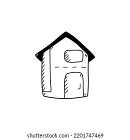 Hand drawn monochrome cute house doodle style, vector illustration isolated on white background. Black outline decorative design element, building, architecture