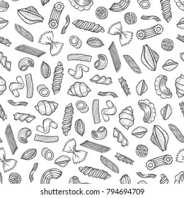 Hand drawn Monochrome Cute seamless pattern made of Italian pasta types. food, drink, menu label, banner poster identity, branding. Stylish design with sketch illustration