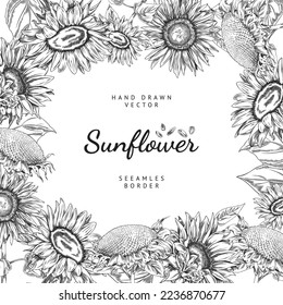 Hand drawn monochrome decorative frame with sunflowers sketch style, vector illustration on white background. Design element, natural organic plant, tasty food product