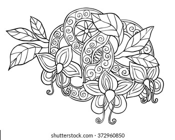 Hand drawn monochrome doodle flowers, leafs and ribbon with swirl vector