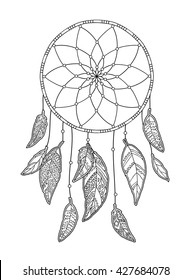 Hand drawn monochrome Dreamcatcher isolated on white background. Native American Indian talisman. Vector illustration.