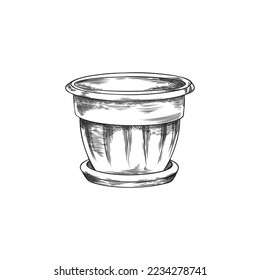 Pozo de flor vacío dibujado a mano monocromo para plantas de cultivo y estilo de boceto de hierbas, ilustración vectorial aislada en fondo blanco. Elementos de diseño, jardinería, decoración