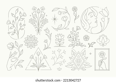 Hand drawn monochrome esoteric line art botanical emblem set woman beauty wellness spa salon, birthday wedding greeting card, floral invitation, cosmetic shop, gardening market vector illustration