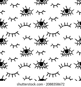 Hand drawn monochrome eyes seamless pattern. Abstract vector print of open and close eyes.