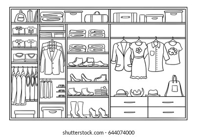 Hand drawn monochrome family wardrobe concept with male and female clothing footwear and accessories vector illustration 