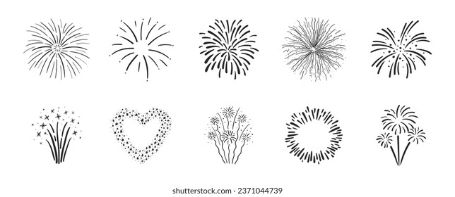 Hand drawn monochrome fireworks set