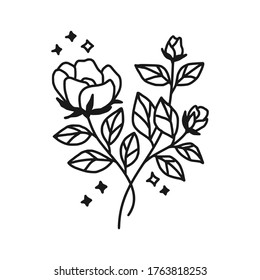 Hand drawn monochrome flower bud, plant, leaf, and foliage element for wedding invitation, logo, symbol, greeting cards, botanical icon, or banner. Summer, spring, and autumn botany element