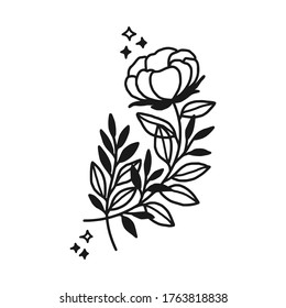 Hand drawn monochrome flower bud, plant, leaf, and foliage element for wedding invitation, logo, symbol, greeting cards, botanical icon, or banner. Summer, spring, and autumn botany element
