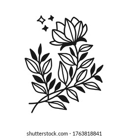 Hand drawn monochrome flower bud, plant, leaf, and foliage element for wedding invitation, logo, symbol, greeting cards, botanical icon, or banner. Summer, spring, and autumn botany element