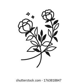 Hand drawn monochrome flower bud, plant, leaf, and foliage element for wedding invitation, logo, symbol, greeting cards, botanical icon, or banner. Summer, spring, and autumn botany element