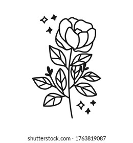 Hand drawn monochrome flower bud, plant, leaf, and foliage element for wedding invitation, logo, symbol, greeting cards, botanical icon, or banner. Summer, spring, and autumn botany element