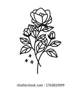 Hand drawn monochrome flower bud, plant, leaf, and foliage element for wedding invitation, logo, symbol, greeting cards, botanical icon, or banner. Summer, spring, and autumn botany element