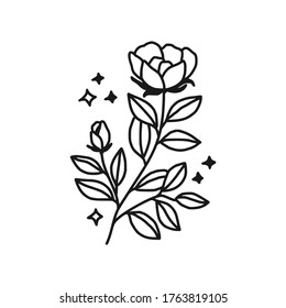 Hand drawn monochrome flower bud, plant, leaf, and foliage element for wedding invitation, logo, symbol, greeting cards, botanical icon, or banner. Summer, spring, and autumn botany element