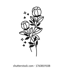 Hand drawn monochrome flower bud, plant, leaf, and foliage element for wedding invitation, logo, symbol, greeting cards, botanical icon, or banner. Summer, spring, and autumn botany element