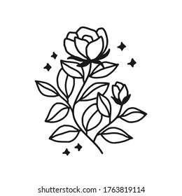 Hand drawn monochrome flower bud, plant, leaf, and foliage element for wedding invitation, logo, symbol, greeting cards, botanical icon, or banner. Summer, spring, and autumn botany element