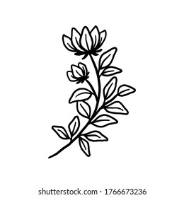 Hand drawn monochrome flower bud, plant, leaf, and foliage element for wedding invitation, logo, symbol, greeting cards, botanical icon, or banner. Summer, spring, and autumn botany element