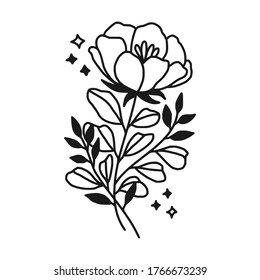 Hand drawn monochrome flower bud, plant, leaf, and foliage element for wedding invitation, logo, symbol, greeting cards, botanical icon, or banner. Summer, spring, and autumn botany element