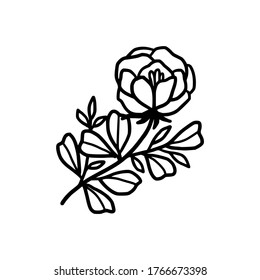 Hand drawn monochrome flower bud, plant, leaf, and foliage element for wedding invitation, logo, symbol, greeting cards, botanical icon, or banner. Summer, spring, and autumn botany element