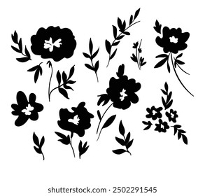 Hand Drawn monochrome flowers ink vector illustration, Silhouette of a flower arrangement on a white background