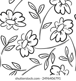 Hand drawn monochrome flowers pattern seamless trend in textiles vector background floral fabric 