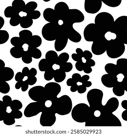 Hand drawn monochrome flowers pattern seamless, trend in textiles, vector background ink floral fabric 