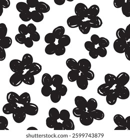 Hand drawn monochrome flowers pattern seamless, trend in textiles, vector background ink floral fabric 