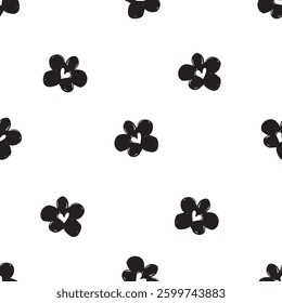 Hand drawn monochrome flowers pattern seamless, trend in textiles, vector background ink floral fabric 