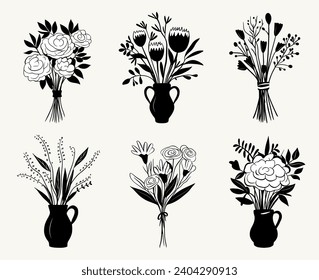 Hand drawn monochrome flowers. Vector outline black bouquets set. Vase with flowers. Isolated bouquets