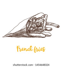 Hand drawn monochrome french fries isolated on white background. Hand drawn sketch converted to vector. Great for menu, poster or label.